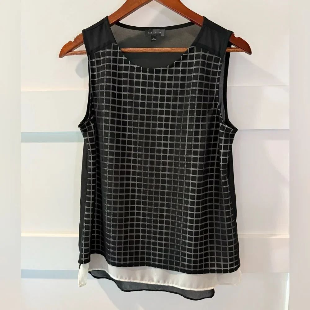 The Limited Black and White Plaid sheer 3 layer Asymmetrical Sleeveless Blouse